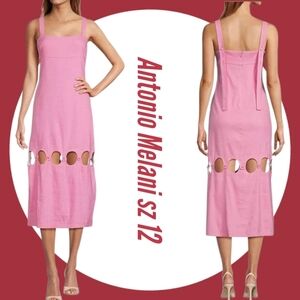 NWT Antonio Melani Dress Linen Blend Square Neck Cut Out Sheath Pink Midi Sz 12